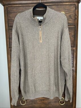 Men's Alex Cannon Half-Zip Cotton Sweater in Light Brown, Size XL